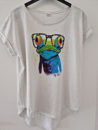Slub Tee Shirt weiss Gr.M handmade Frosch bunt Neu