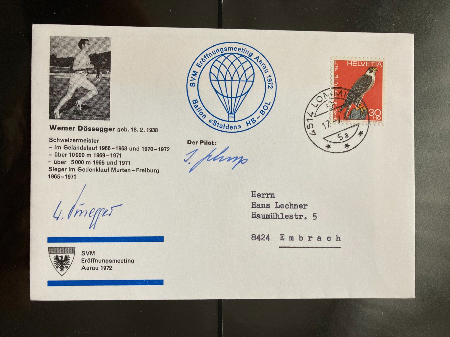 Tous les timbres: Schweiz 1972 Ballonpost SVM Aarau Autogramm W. Dössegger – D'occasion à Winterthur par schnueps