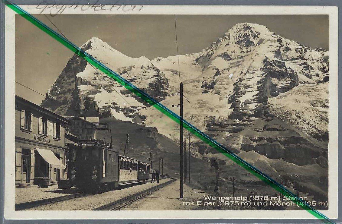 Cartoline postali: Wengernalp. Bahnhof. Eiger, Mönch. Personenzug. – Usato da Horw venduto da SwissSteamMemories