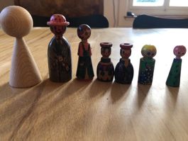 7 Holzfiguren Set – Spielzeug Vintage 70er Jahre, teils bema