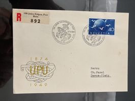 Schweiz 1949 R-Brief 40 UPU SST+R-Zettel 100 J. Eidgen. Post