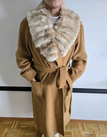 Elegant Camel Coat with REAL Fur Collar, Belted, Winter Coat