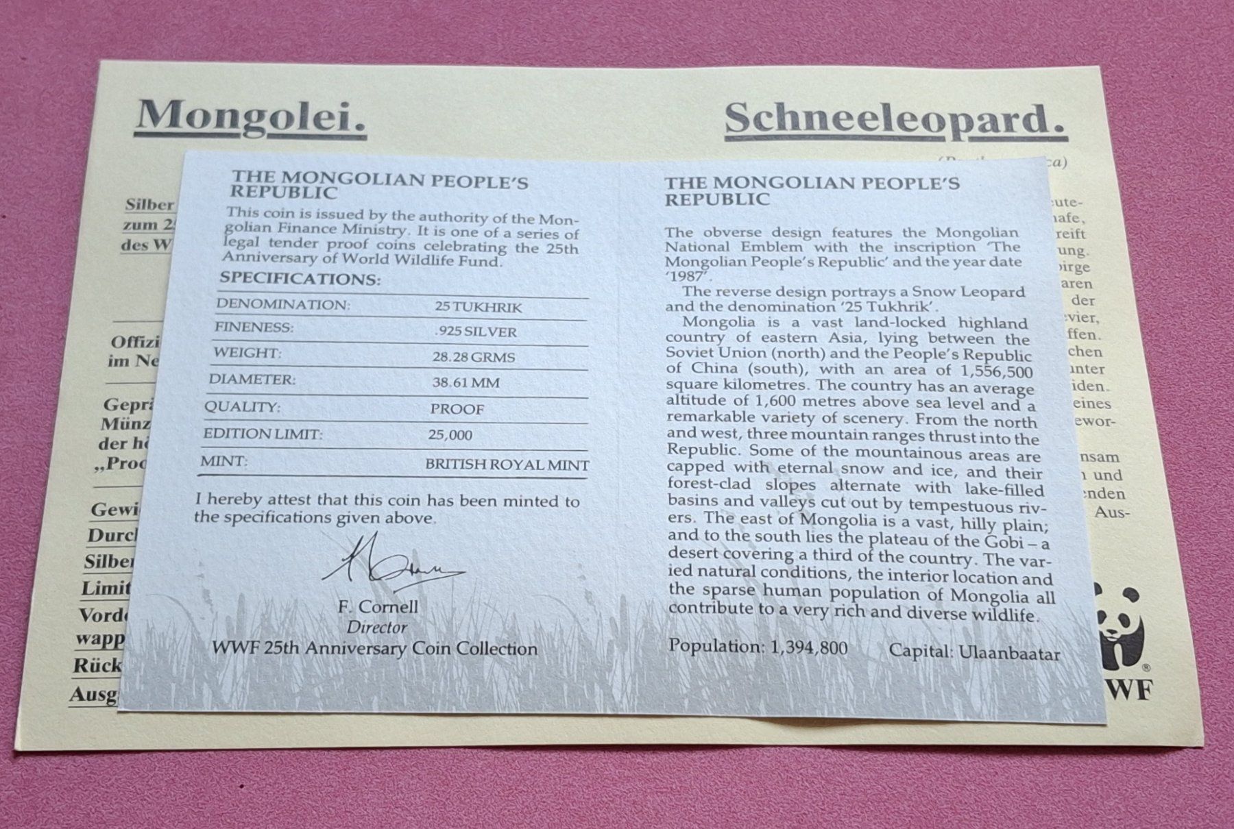 Tutti le monete: MONGOLEI - 25 TUGRIK 1987 - SCHNEELEOPARD – Nuovo e nell'imballaggio originale da Boniswil venduto da dpd4coins 1