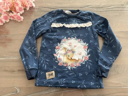 Selfmade dünner Langarmpulli Motiv Reh Blumen blau 💙