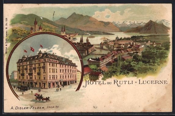 Cartoline postali: Litho Lucerne, Hotel Du Rutli, Ortsansic – Usato da Berlin venduto da bartko-reher