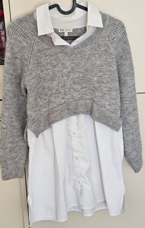 C&A Mama Umstandspullover mit Hemd-Optik, XS, Grau/Weiss