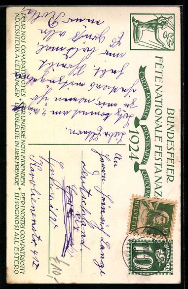 Cartoline postali: Schweizer Bundesfeier 1924, Mann schaut  – Usato da Berlin venduto da bartko-reher 1