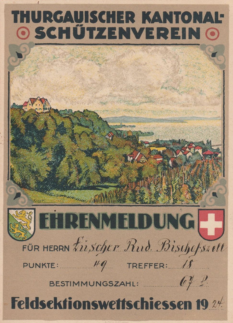 Documenti: Ehrenmeldung Thurgau 1924 – Usato da Crémines venduto da clifden92