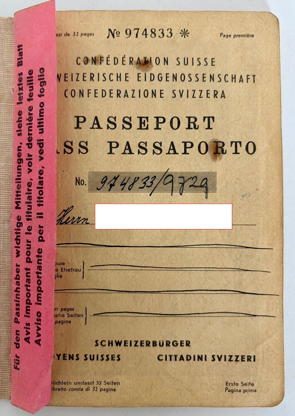 Documenti: Schweizer Pass / Reisepass 1940 - 1946  WW2 – Usato da Safenwil venduto da gemeinsamX 1