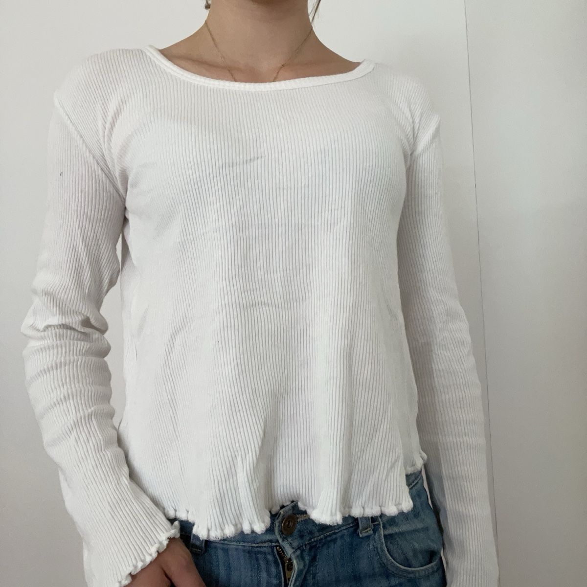 Top: Weisses Langarmshirt, Rippstrick, Gr. S, gebraucht – Usato da Baden venduto da Julikoo