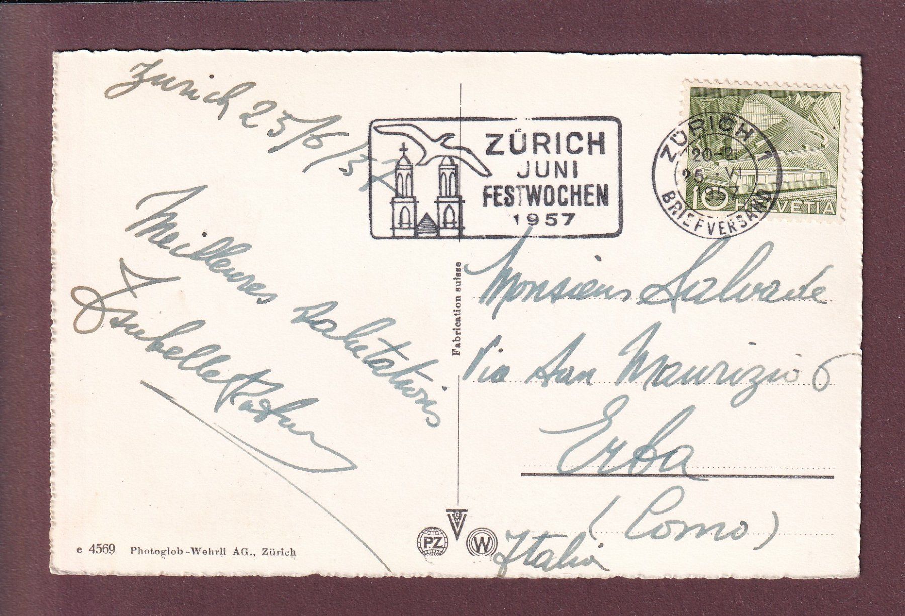 Cartoline postali: ZÜRICH - Hohe Promenade - 1957 – Usato da Pully venduto da nicecards 1