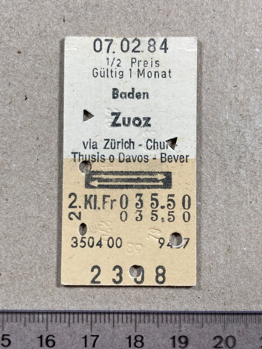 Biglietti: Baden - Zuoz, altes Bahn Billett, SBB – Usato da Lenzburg venduto da fh1