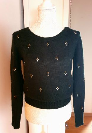 Strickpullover dunkelgrün mit Strass Gr.  XS/ S