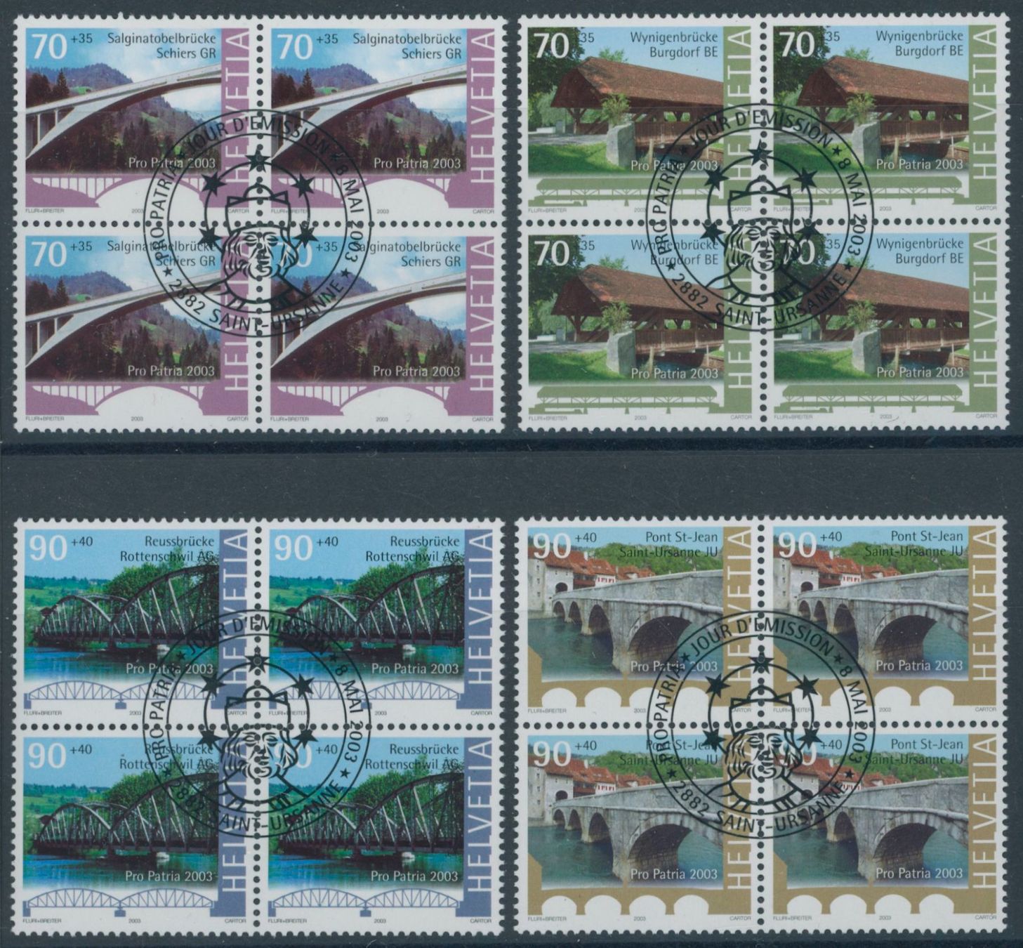 Alle Briefmarken: 2003 - Pro Patria - Viererblock - Ersttag Stempel ET – Gebraucht aus Schindellegi von leecollect