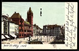 AK Basel, Strassenpartie mit Kirche