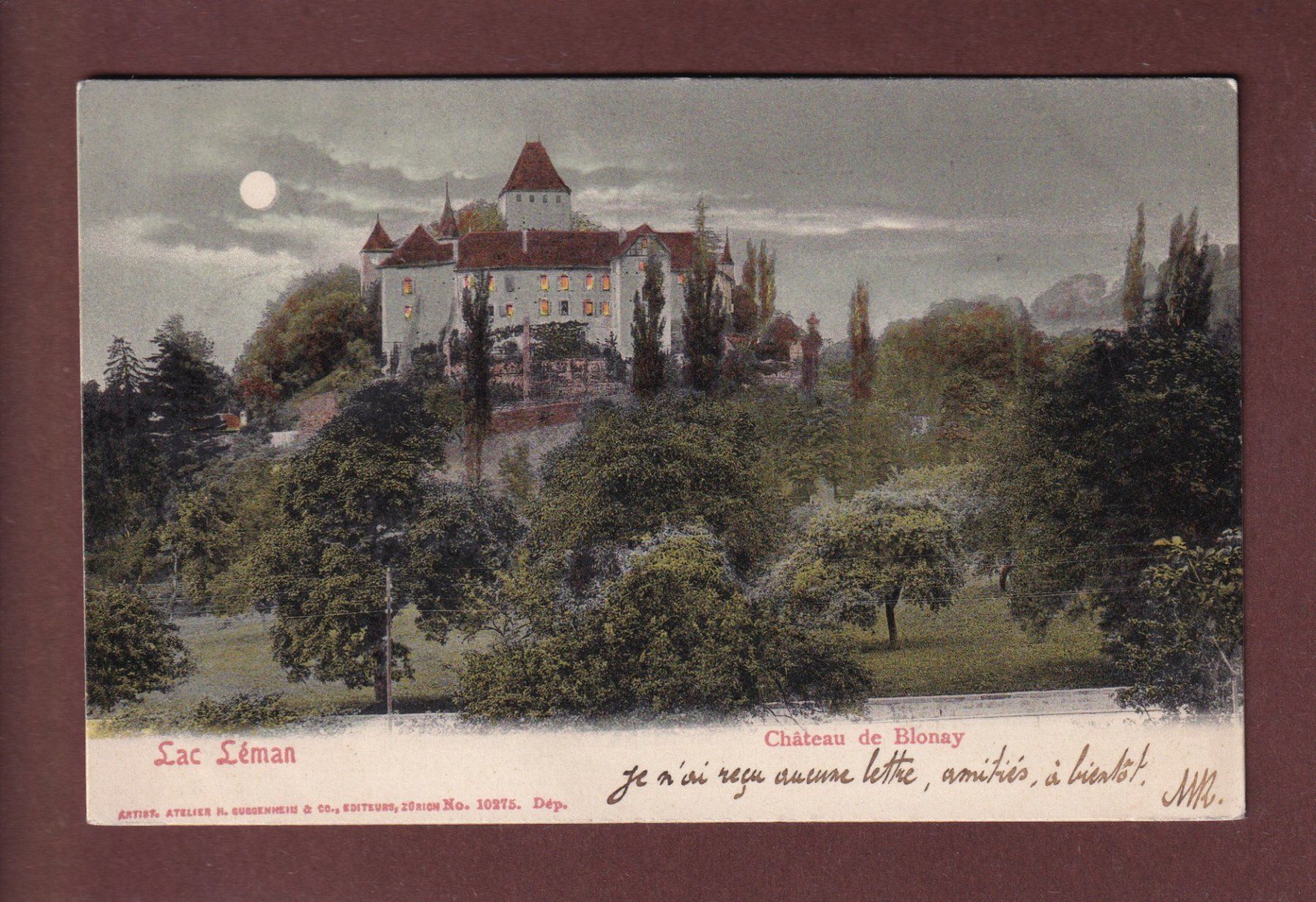 Cartoline postali: Château de BLONAY - Clair de lune - 1904 – Usato da Pully venduto da nicecards-shop