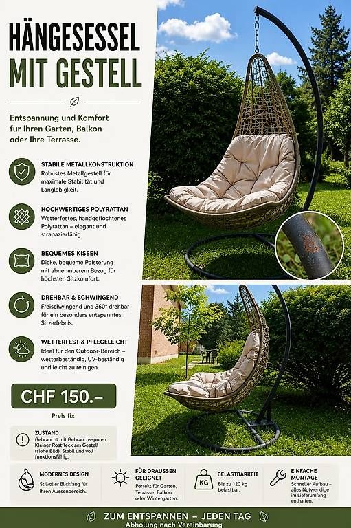 Poltrone pensili da giardino: Top Hängesessel mit Gestell  nur CHF 150!  – Usato da Möhlin venduto da sus_d5fx