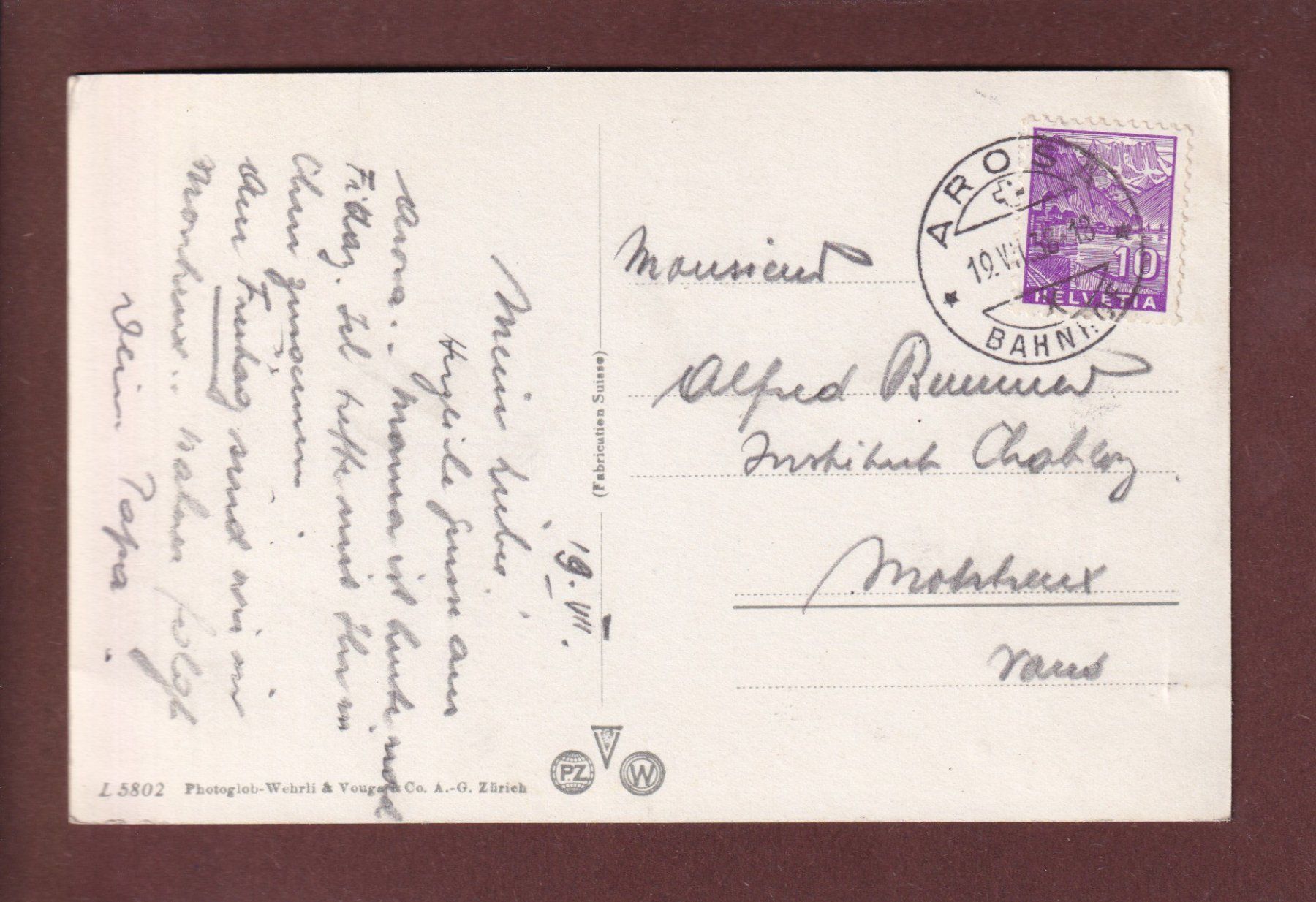 Cartoline postali: INNER-AROSA - Kirchlein - 1936 – Usato da Pully venduto da nicecards 1