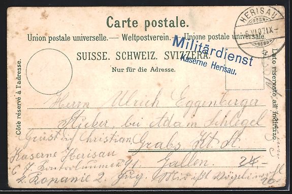 Cartoline postali: AK Herisau, Ansicht der Kaserne, 1907 – Usato da Berlin venduto da bartko-reher 1