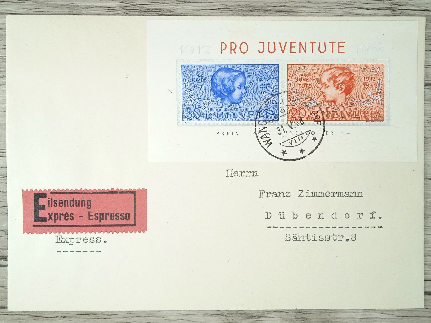 Tutti i francobolli: TR09 Enveloppe + Timbre Suisse 1938 – Usato da Cousset venduto da Patrick_Collections