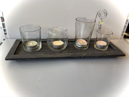 Windlicht-Set mit 4 Gläsern, Holztablett, Herbstdeko