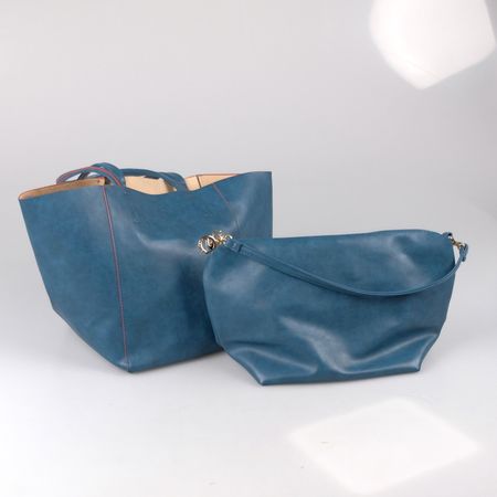 Blaues Kunstleder-Taschenset mit Shopper-Bag und Handtasche