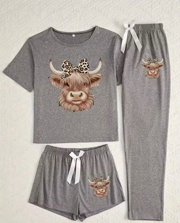 Schlafanzug-Pyjama-3-teilig-Highland-Kuh-super flauschig-Top