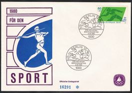 1980 BRD Deutschland Für den Sport Speerwurf FDC Nummeriert