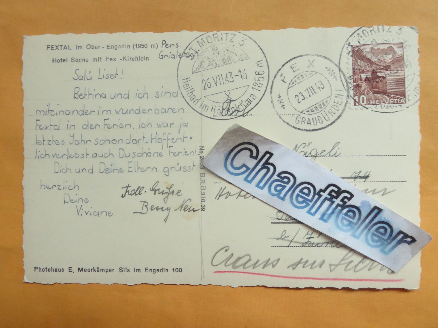 Cartoline postali: 1943 Fextal im Ober-Engadin – Usato da Zürich venduto da Chaeffeler 1