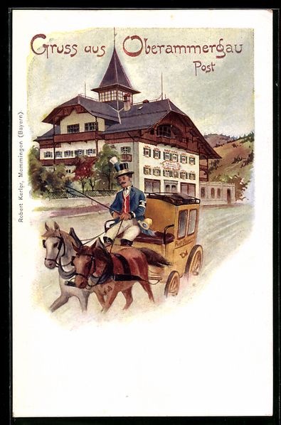 Ansichtskarten: Oberammergau, Postamt und Postkutsche – Gebraucht aus Berlin von bartko-reher