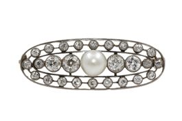 Art Deco Diamant Brosche Naturperle in 18K Weissgold *S2856