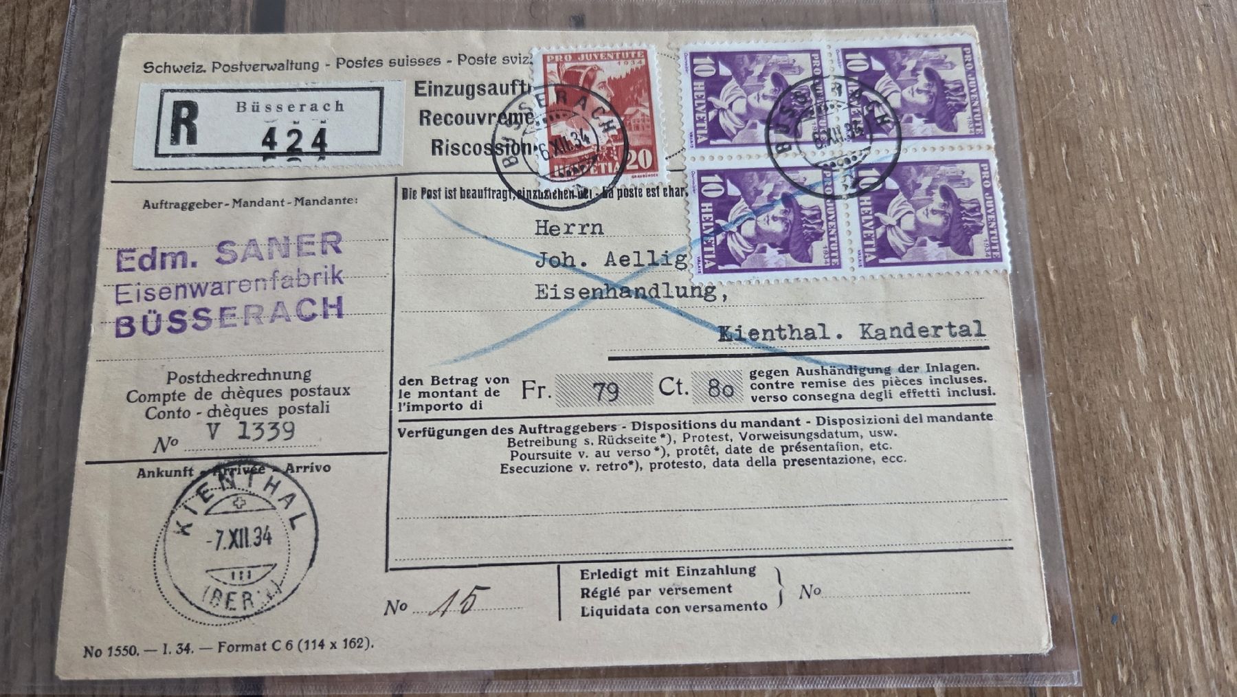 Alle Briefmarken: 1934 Einzugsautrag Pro Juventute Frankatur – Gebraucht aus Arni AG von Moth68