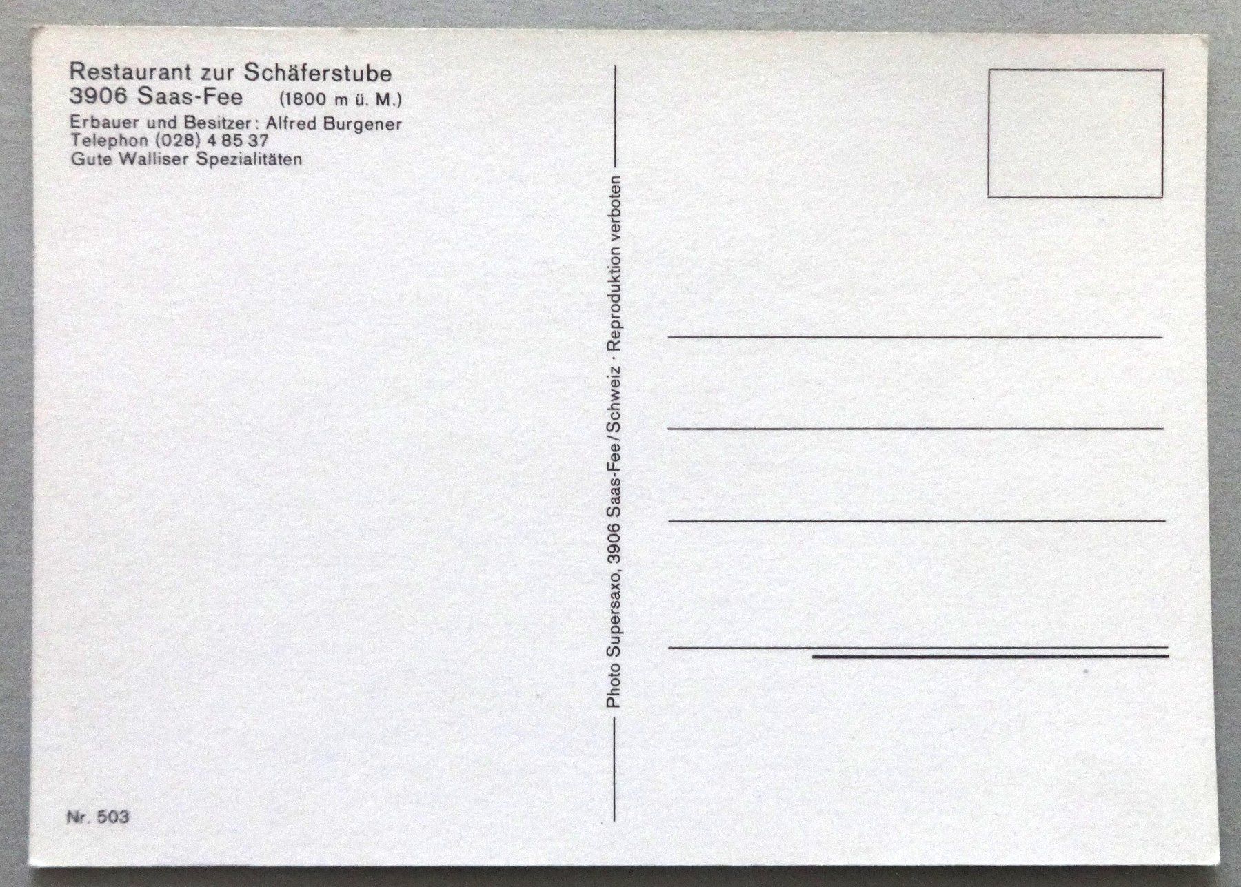 Cartoline postali: Restaurant zur Schäferstube, Saas-Fee – Usato da Fétigny venduto da Billy2miny 1