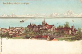 Neuenburg NE Neuenburgersee und Alpen litho