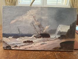Peinture à l'huile ancienne: Naufrage sur la côte, à saisir!
