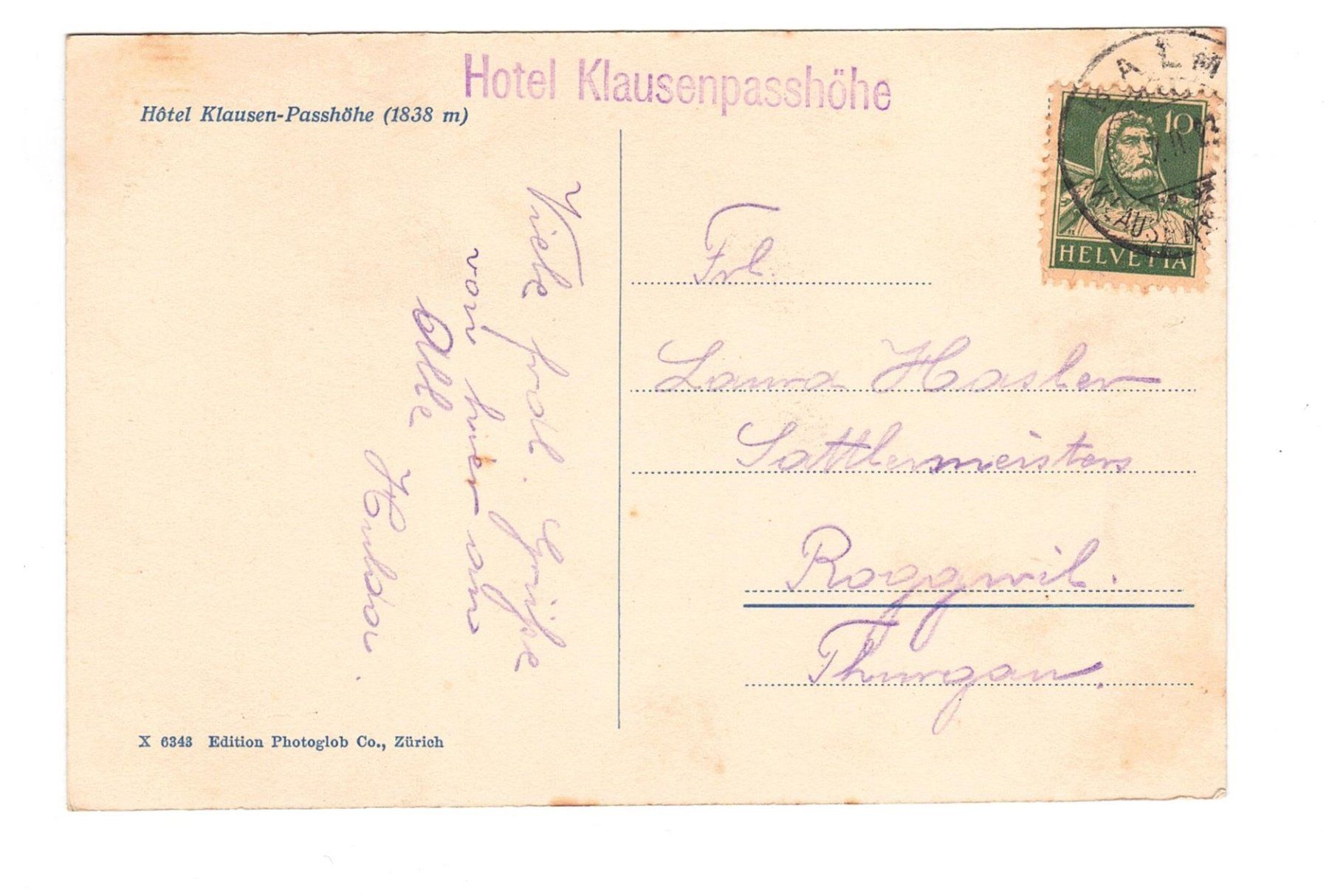 Cartoline postali: Ansichtskarte Hotel Klausenpasshöhe – Usato da Büetigen venduto da philat 1