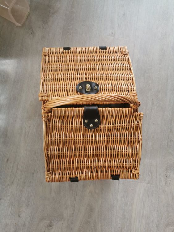 Picknick-Korb-Set Aus Holzspänen & Gingham-Stoff – Mit Decke (134x139 Cm), Doppelte Griffe, Schwarz-weiß Kariert