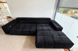 Schwarzes Samt-Ecksofa mit Ausfahrfunktion 