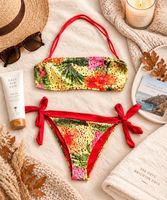 Bikini Bandeau bunt geblümt Rot Gelb Grün
