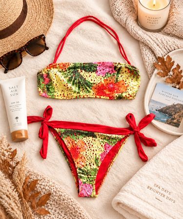 Bikini Bandeau bunt geblümt Rot Gelb Grün