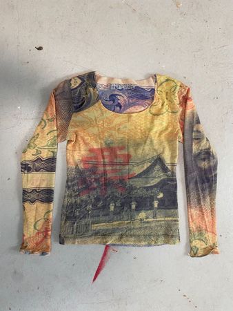Nile Mesh Top Y2K M Yellow Blue Japanese Print