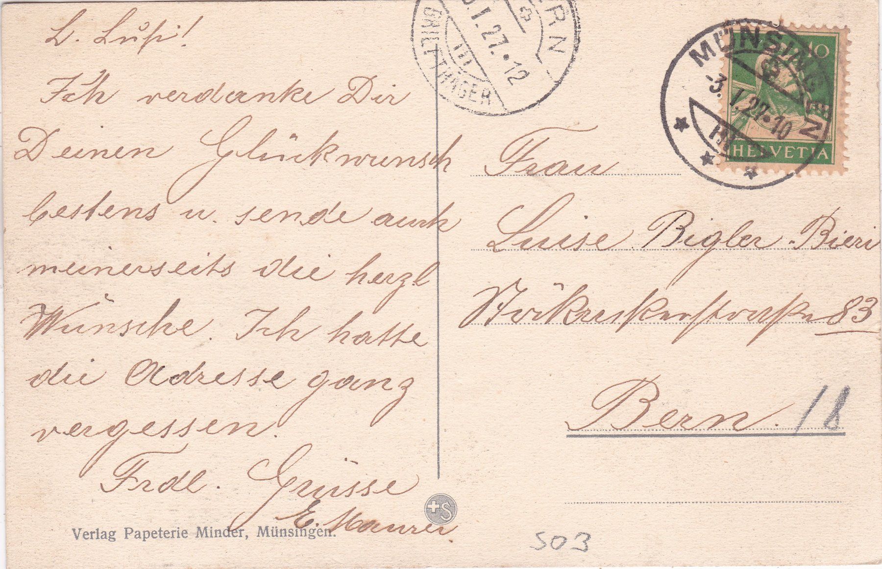Ansichtskarten: Münsingen mit Jungfrau Mönch und Eiger 1927 – Gebraucht aus Herisau von Lisegrat2008 1