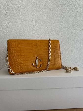 Jimmy Choo Schultertasche Leder Kroko-Optik senffarbe neu