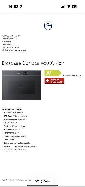 V-Zug Elettrodomestici da cucina: V-ZUG Backofen + Combi Steamer V6000 Grifflos – Usato da Magden venduto da 0007mich