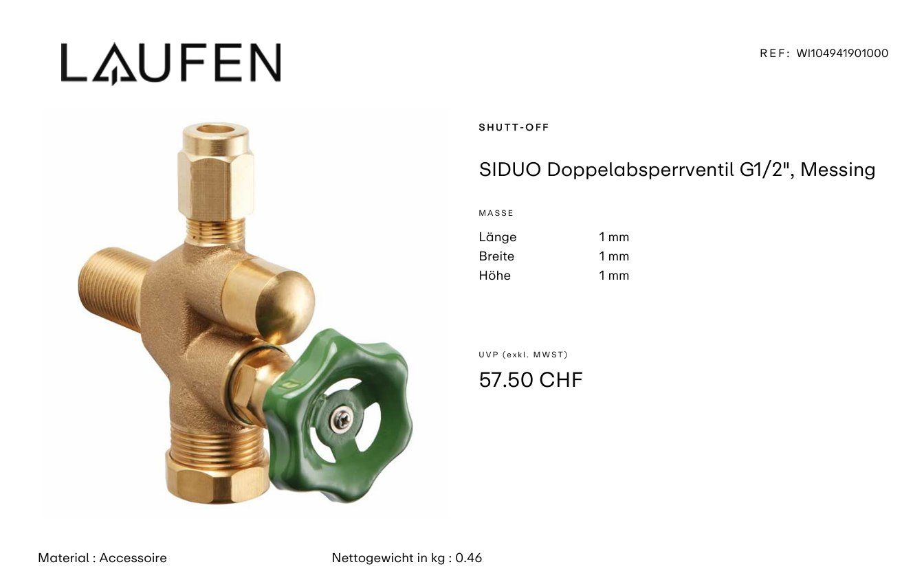 Laufen Armaturen: 374 Laufen SIDUO Doppelabsperrventil G1/2", Messing – Neu und originalverpackt aus Derendingen von Meisterstuecke 1