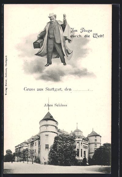 Cartoline postali: Stuttgart, Fliegender Herr über dem alt – Usato da Berlin venduto da bartko-reher