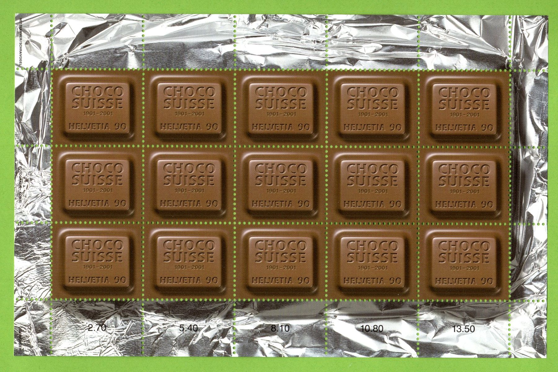Alle Briefmarken: 2001 CHOCO SUISSE Zierbogen postfrisch SBK 60.-- – Neu (gemäss Beschreibung) aus Stein am Rhein von Huehnerhund