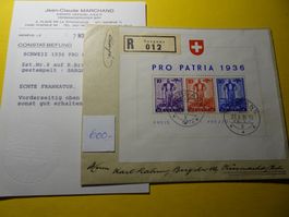 27.X.36. PRO PATRIA BLOCK AUF BRIEF; KÜSSNACH ZH; MIT ATTEST