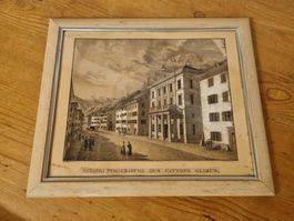 Alte Lithographie Regierungsgebaeude Glarus, gerahmt