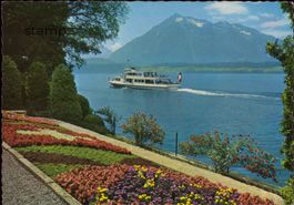 1967 AK Oberhofen, Schlosspark gegen Niesen mit Schiff